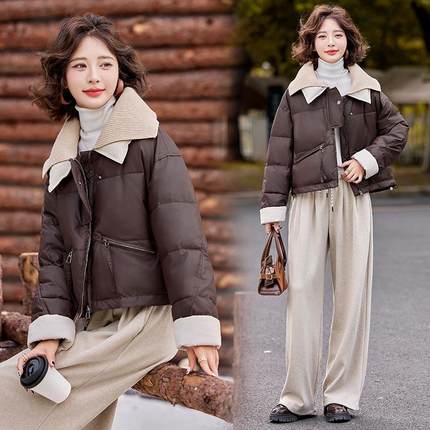 高端洋气小个子短款轻薄修身羽绒服女2024冬季新款白鸭绒pu皮外套
