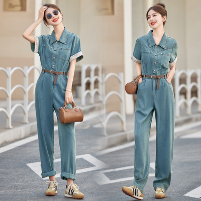 法式牛仔连体裤女夏季
