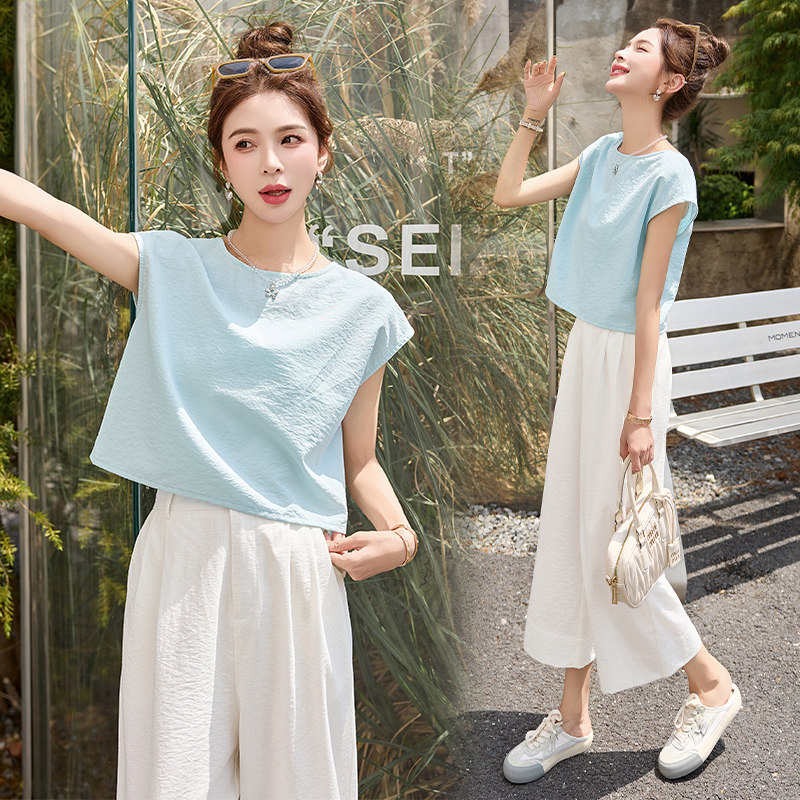 法式夏装搭配一整套2025新款女装时尚洋气上衣阔腿裤两件套装韩版