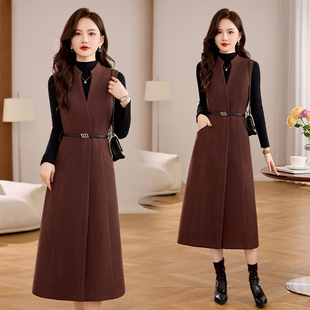 韩版毛呢背心连衣裙女中长款2025春秋冬显瘦时尚毛衣配裙子两件套