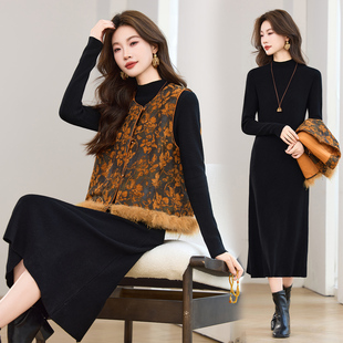 新中式国风马甲套装裙女2025冬季新款打底连衣裙两件套保暖高级感