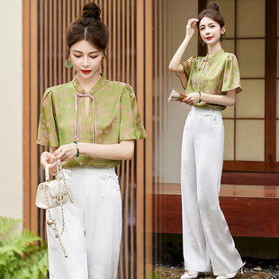 新中式国风阔腿裤两件套女2025夏季新款时尚职业长裤套装休闲复古