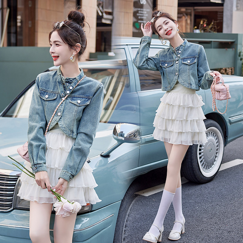 小个子背心连衣裙套装女2025年春秋复古牛仔外套蛋糕裙两件套洋气