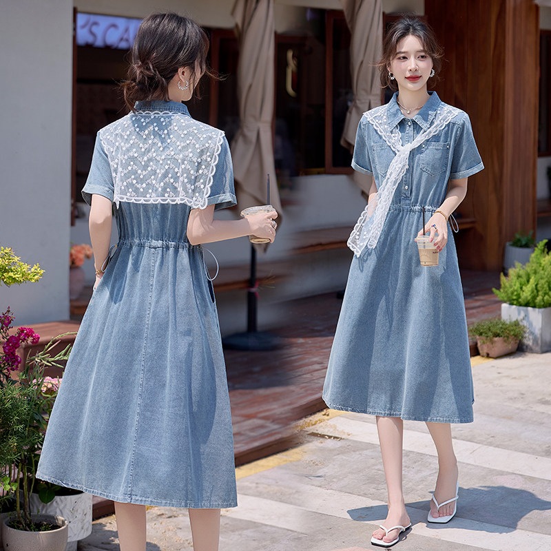 2025夏季新款蕾丝披肩配牛仔连衣裙女气质显瘦中长款绝美减龄裙子