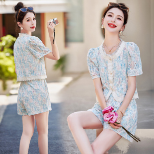 蕾丝短裤小香风套装女名媛2025夏装新款小个子短袖两件套洋气时尚