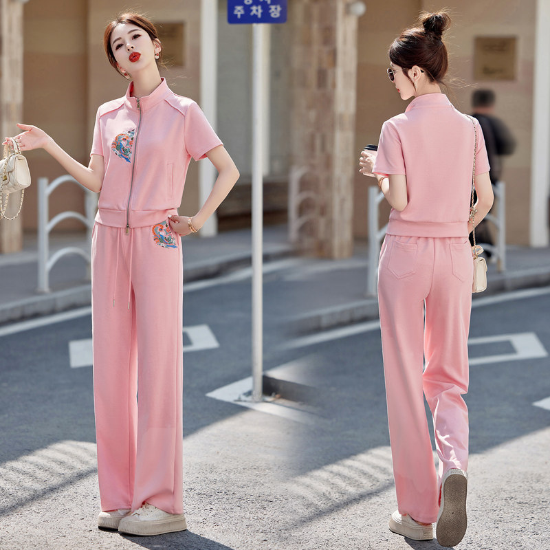 2025夏季新款新中式两件套女气质显瘦立领上衣阔腿裤休闲套装长裤