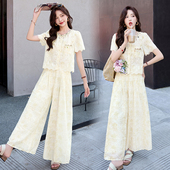 2025超火夏装 高级感一整套穿搭巨好看小香风蕾丝阔腿裤 洋气两件套
