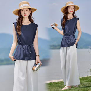 休闲套装女夏季2025新款高级感气质系带无袖小衫阔腿裤两件套显瘦