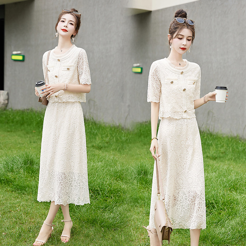 气质蕾丝套装裙女高级感小香风气质2025新款夏季短袖半身裙两件套,女装/女士精品,时尚套装,淘宝优惠券,粉丝福利购,淘宝优惠卷