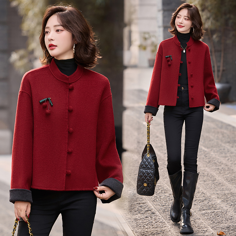 双面羊绒大衣女短款喜庆