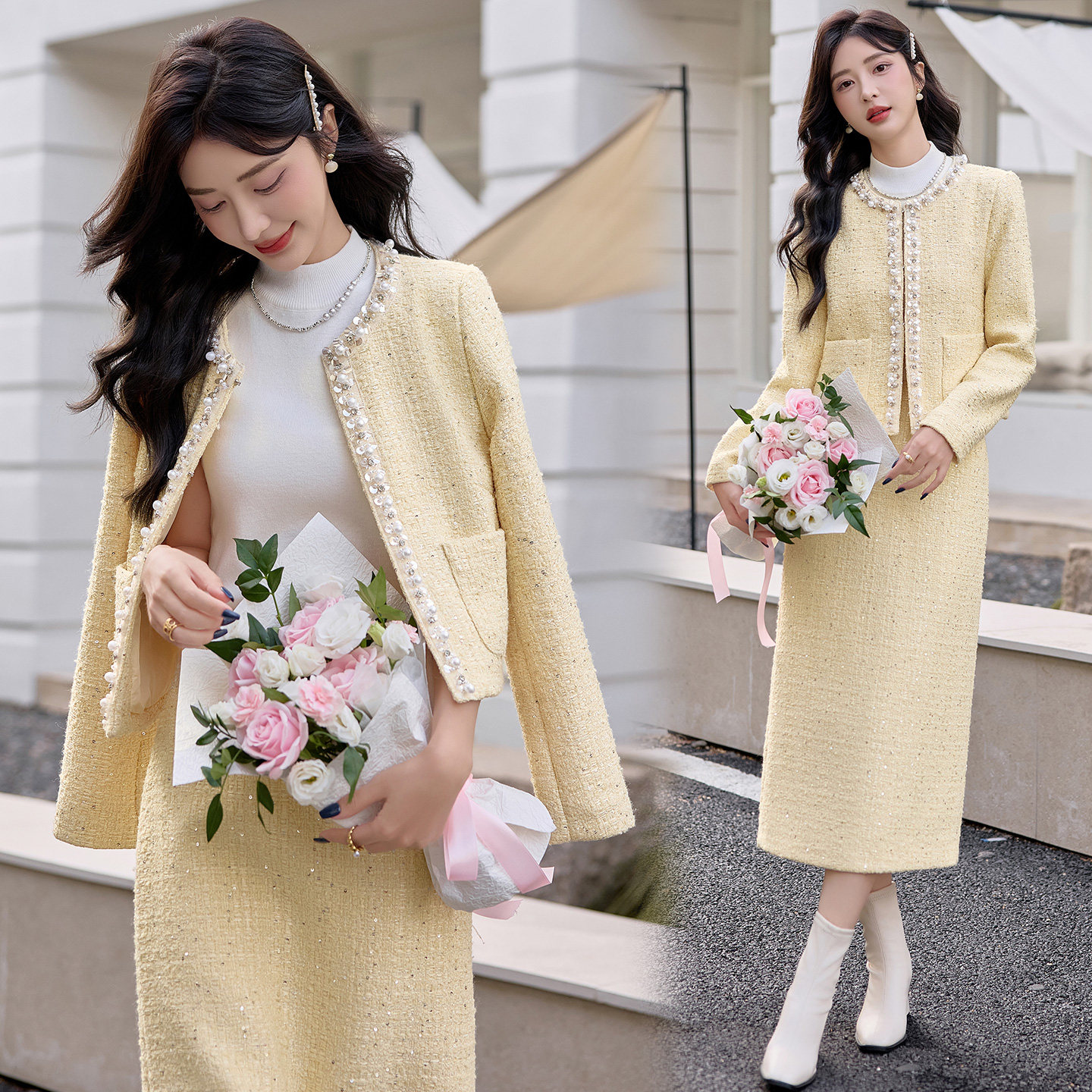 名媛小香风套装裙女2025新款爆款秋冬季穿搭小个子气质时尚两件套