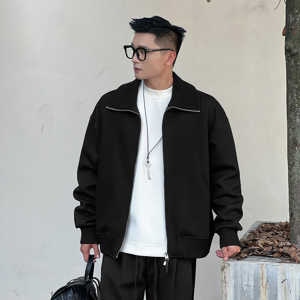 NO22WEAR皮革拉链毛织翻领设计款开衫卫衣男士高级感保暖外套上衣