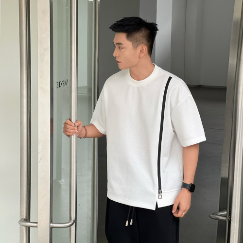 二十二号穿搭【高定时装周】拉链设计款短袖男高级感开叉圆领T恤