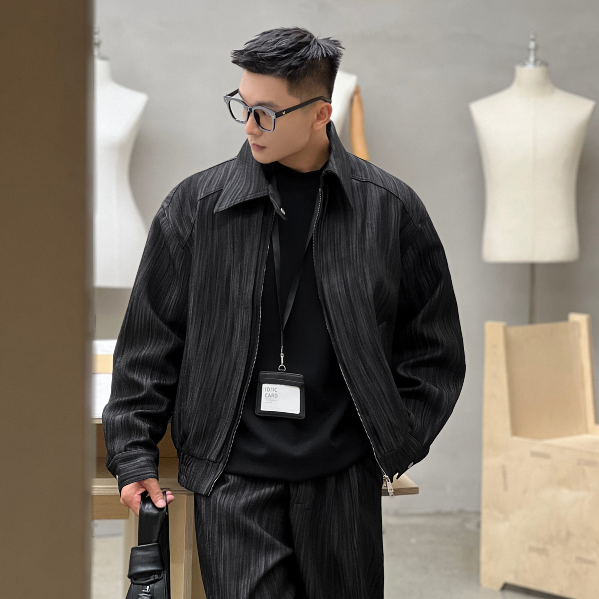 二十二号穿搭轻熟风套装秋冬高级感翻领夹克一套搭配老钱风外套男