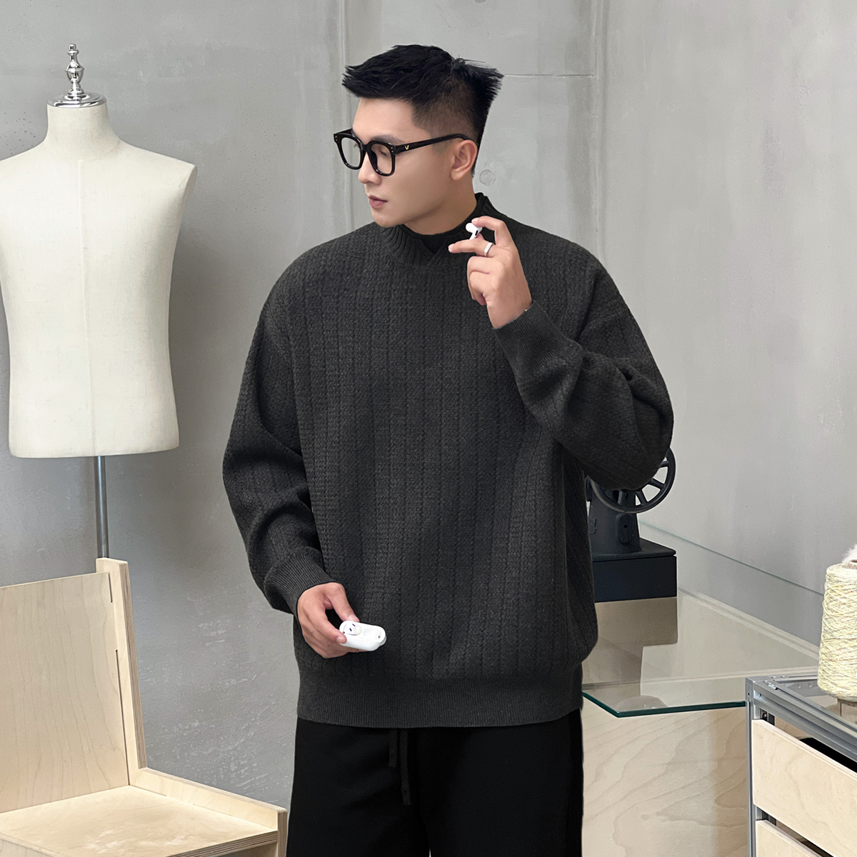 二十二号穿搭小众双层领设计款男士秋冬毛衣加厚保暖针织衫慵懒风
