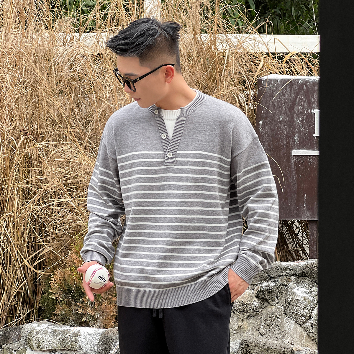 二十二号穿搭老钱风海魂衫高级感假两件针织衫条纹毛衣男套头衣服