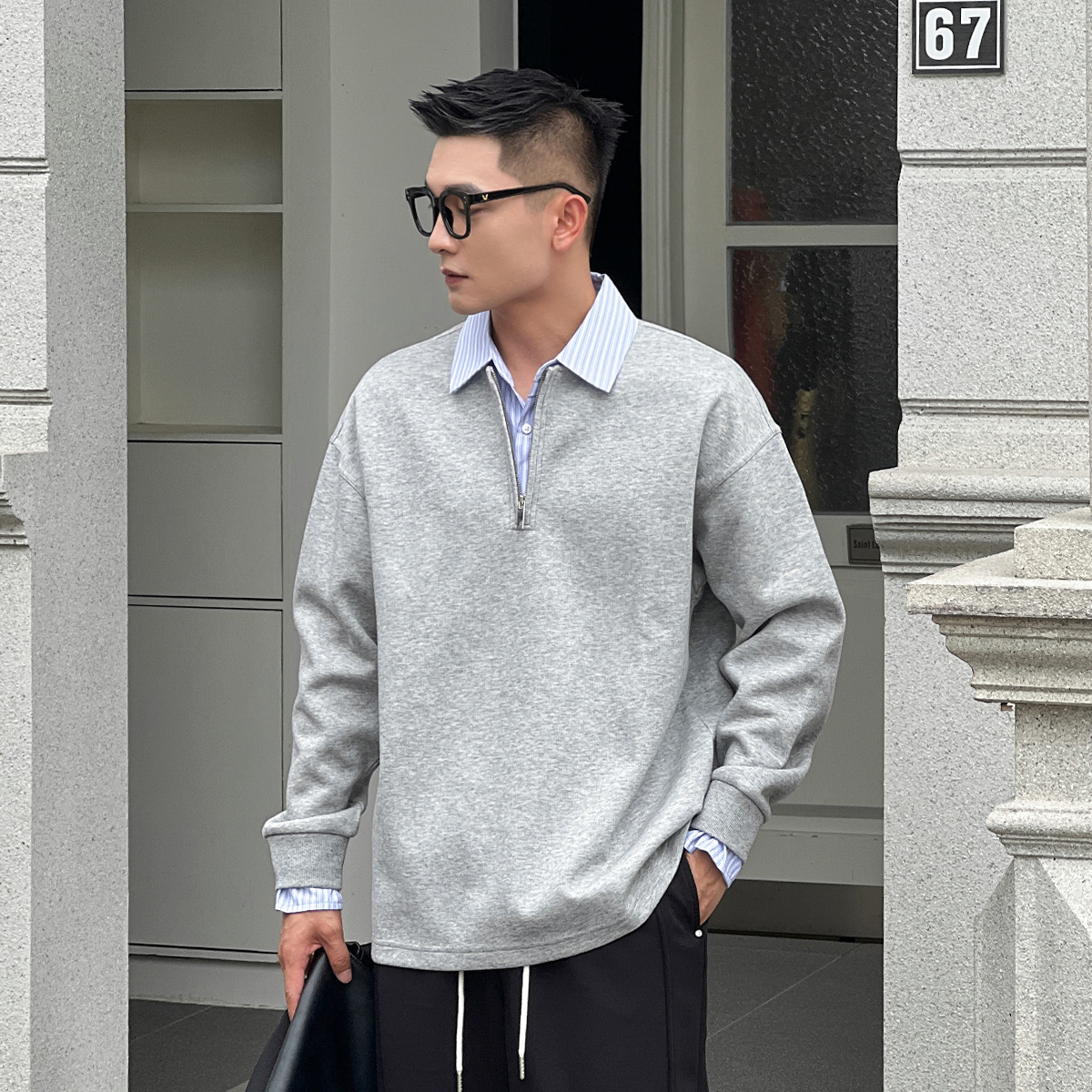 二十二号穿搭秋冬季新款翻领高级感假两件衬衫领长袖卫衣男士上衣