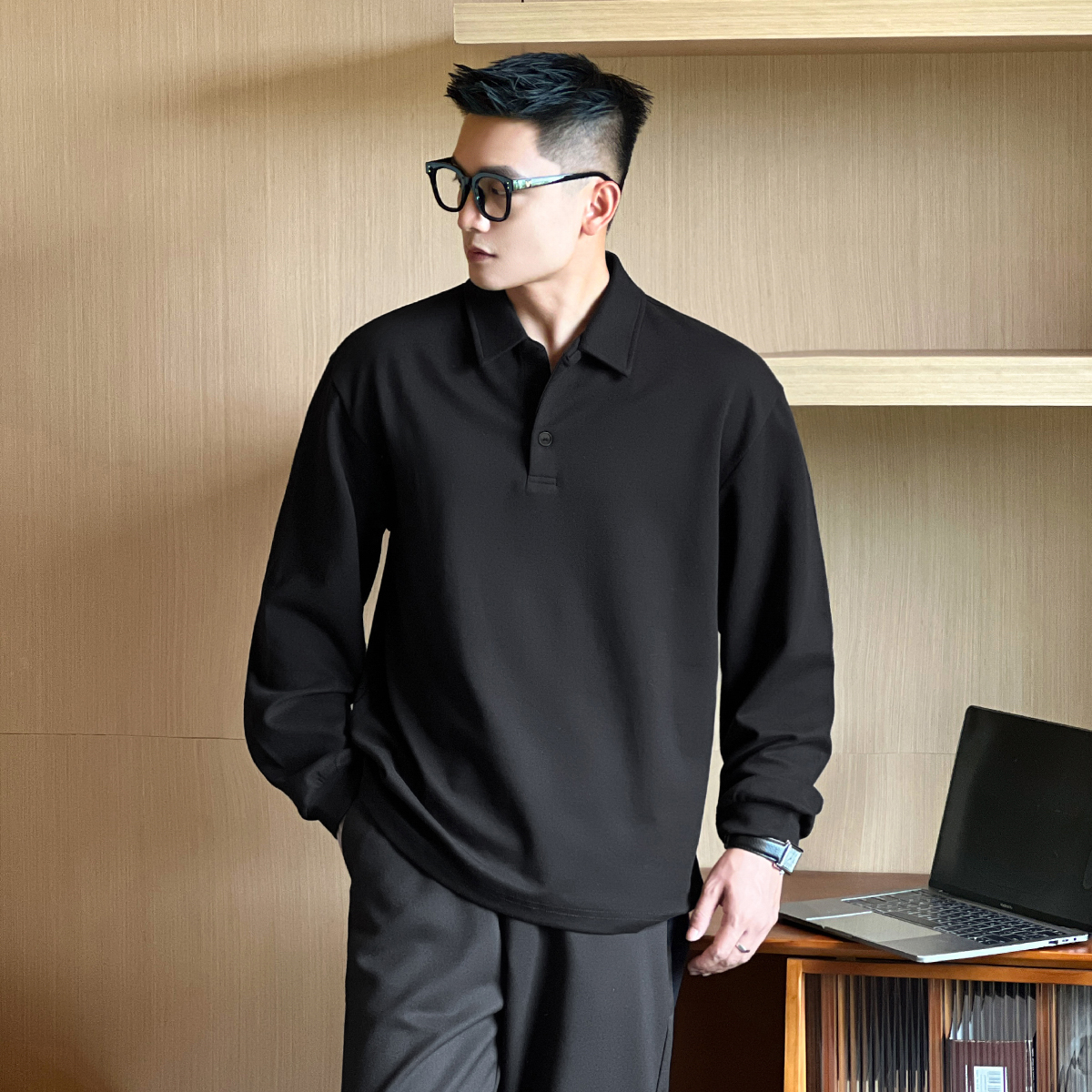 NO22WEAR通勤休闲翻领polo衫秋季长袖卫衣男高级感痞帅轻熟风上衣