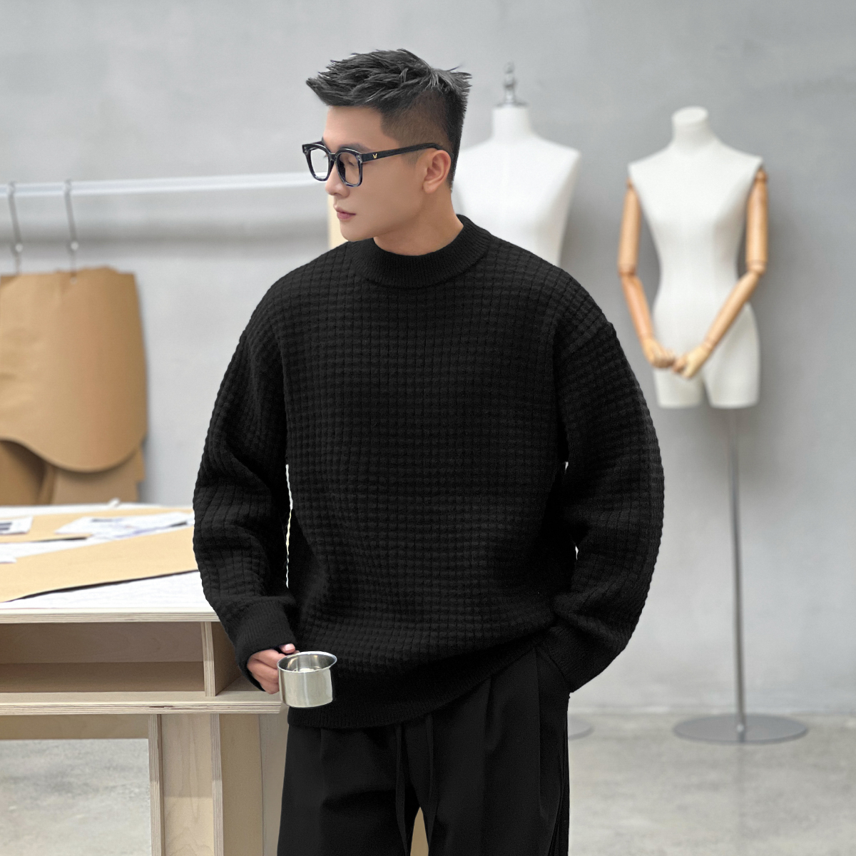 二十二号穿搭冬季重磅加厚保暖毛衣男华夫格肌理感宽松圆领针织衫