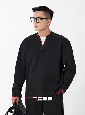 二十二号穿搭假两件设计款秋冬宽松休闲套头V领卫衣上衣男打底衫