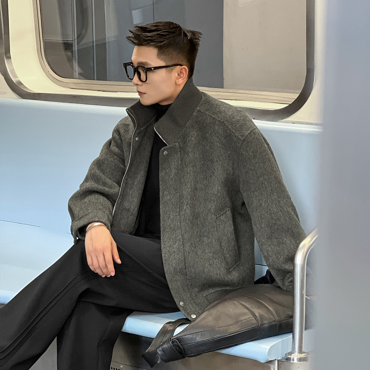 二十二号穿搭加厚羊毛开衫男双面毛呢外套立领针织保暖高级感夹克