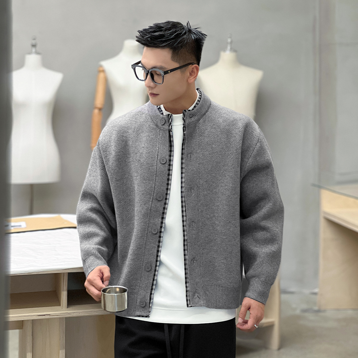 二十二号穿搭老钱风假两件开衫毛衣男士高级感秋冬针织衫保暖外套