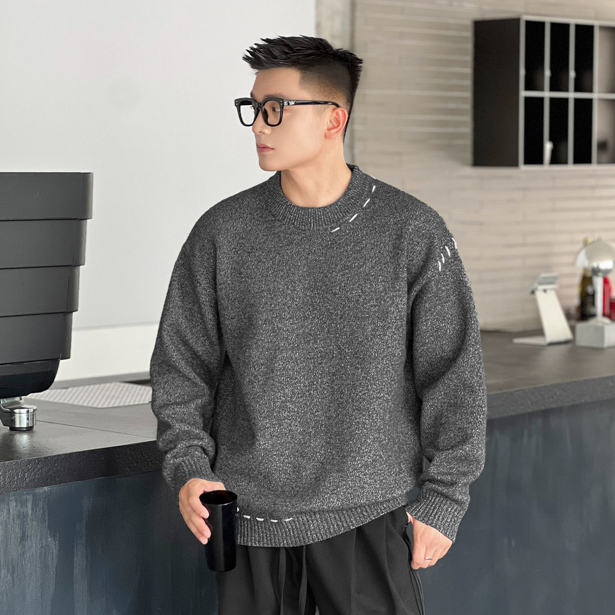 二十二号穿搭手工缝线设计款冬季加厚保暖毛衣男高级感圆领针织衫,男装,针织衫/毛衣,淘宝优惠券,粉丝福利购,淘宝优惠卷