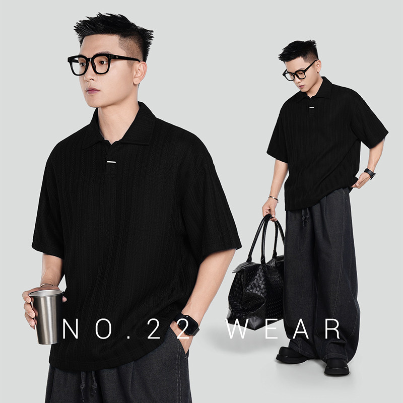 二十二号穿搭老钱风麦穗肌理感海鸥领polo衫短袖T恤高级感男上衣