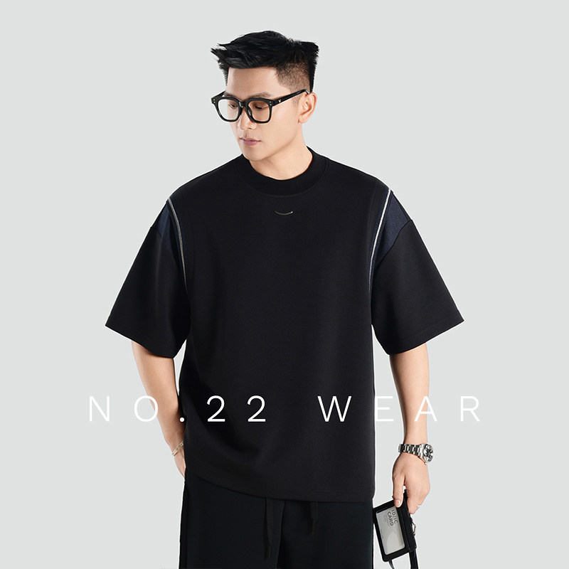 二十二号穿搭刺绣拼接撞色飞肩宽松透气凉感短袖T恤男设计感休闲