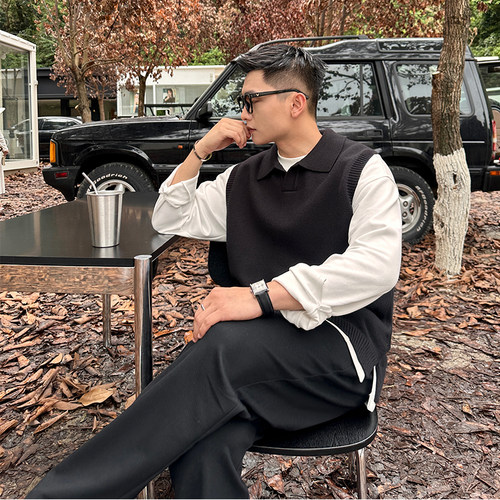 二十二号穿搭「Polo方V领口」秋冬男毛衣背心无袖马甲翻领针织衫