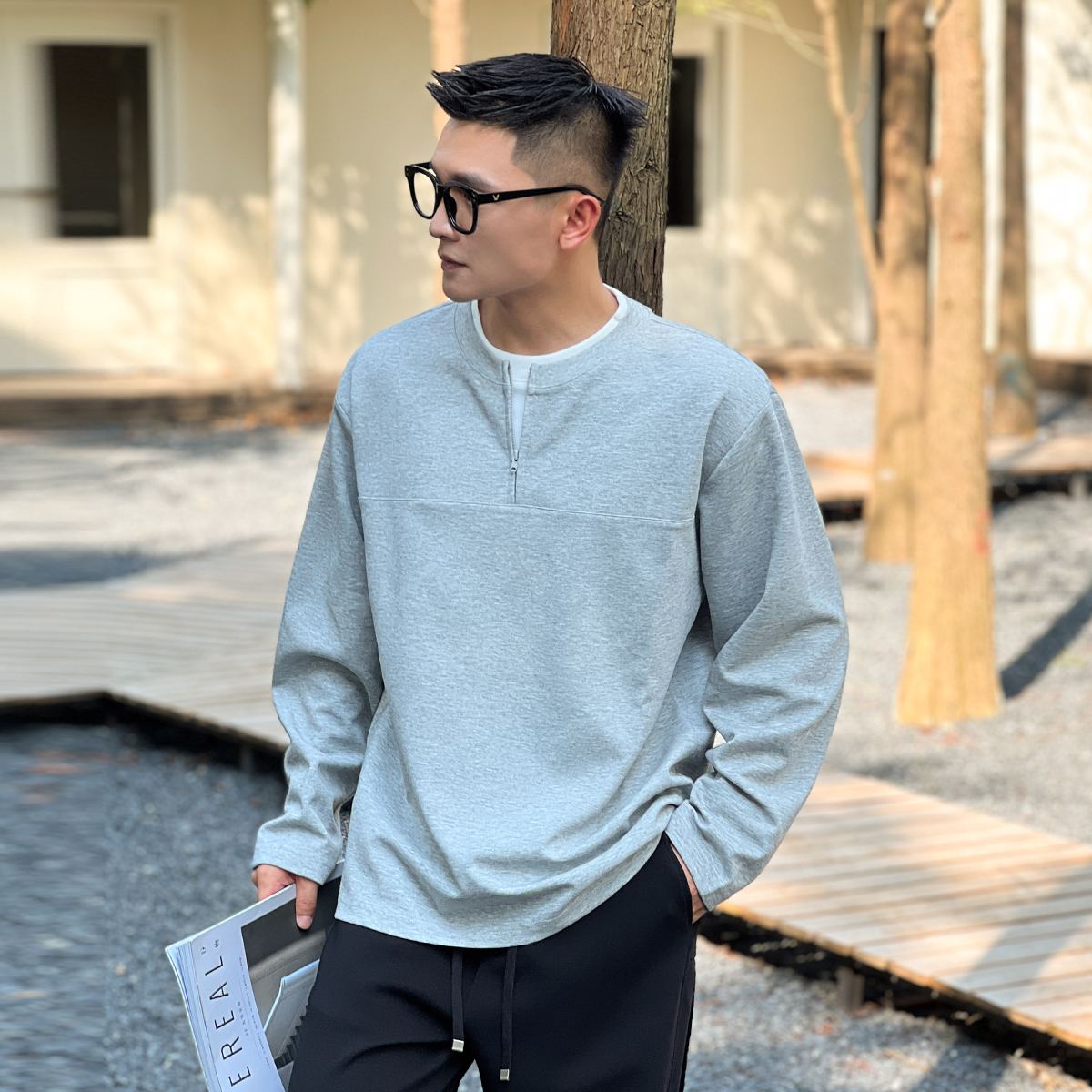 NO22WEAR假两件高级感卫衣半拉链长袖内搭小众设计款打底衫男上衣
