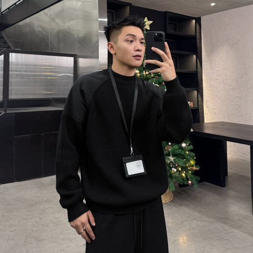 二十二号穿搭暖冬松弛感冬季拼接圆领套头毛衣针织衫卫衣打底衫男