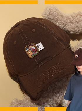 萨刻毛边巧克力配色棒球帽子遮阳防风遮脸显瘦可爱插画鸭舌帽情侣