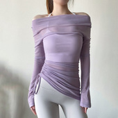 薄款 一字领跑步T恤偏长透气网纱健身T恤纯色宽松性感 偏透运动罩衫