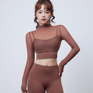 性感网纱长袖瑜伽服固定胸垫健身衣外穿训练背心普拉提上衣运动衣