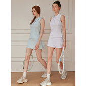 翻领运动T恤防走光裙裤 女网球裙套装 无袖 训练两件套外穿内置口袋