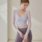 性感网纱长袖 露脐普拉提上衣美背秋冬室内瑜伽服 含胸垫健身衣短款