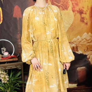 【夏湖倩影】桑蚕丝天鹅湖仙气国风真丝印花灯笼袖中长款套装