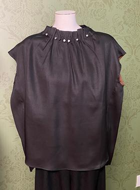 【夜明珠】香云纱优雅珍珠褶皱花苞领飞袖素绉缎真丝上衣女26865