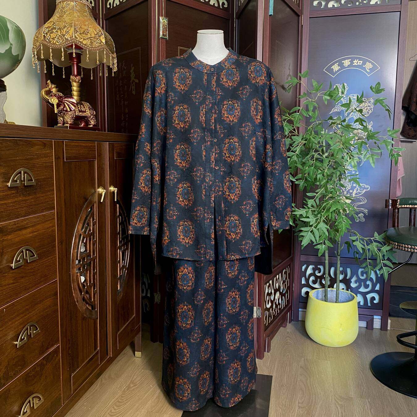 【高货孤品24蓝宝相花】桑蚕丝提花纹国风香云纱双穿宽松开衫套装,女装/女士精品,真丝上装,淘宝优惠券,粉丝福利购,淘宝优惠卷