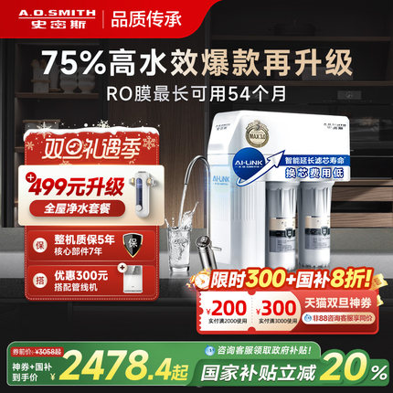 【政府补贴20%】AO史密斯家用厨下升级直饮反渗透R1600HWi净水器
