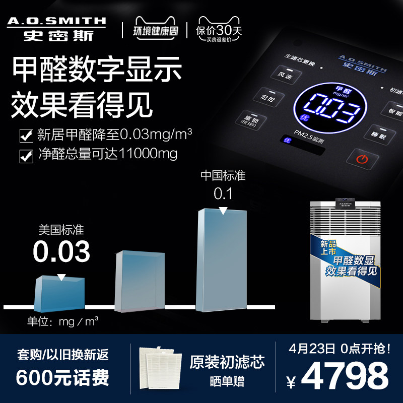 AO史密斯家用除甲醛数显除二手烟KJ806B(KJ400F-B11-F)空气净化器