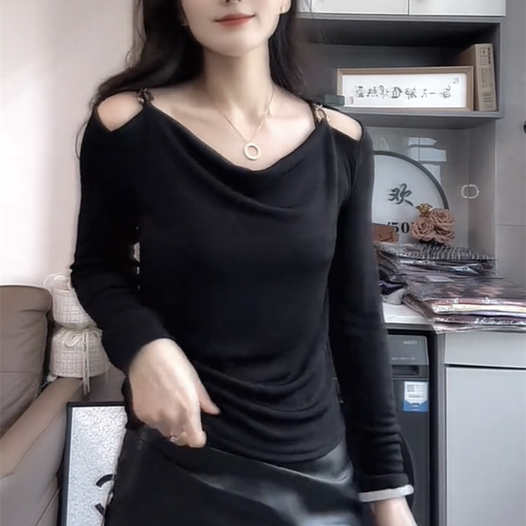 2026新款性感黑色荡领露肩长袖T恤女修身显瘦百搭打底衫上衣内搭