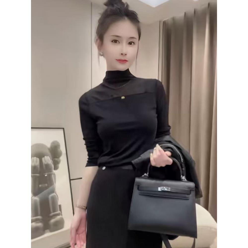 网纱拼接半高领长袖修身T恤女