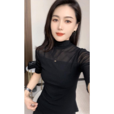 网纱露肩半高领短袖T恤女新款