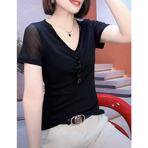 黑色网纱短袖t恤女夏季薄款正肩体恤小衫v领修身设计感冰丝上衣女