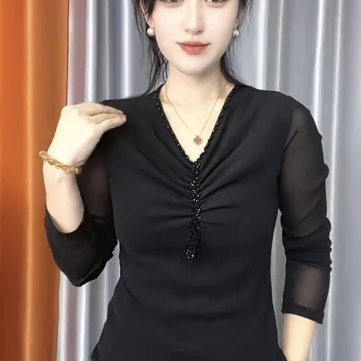 欧货重磅大码女装2025年春季新款黑色V领打底衫高级感显瘦上衣女