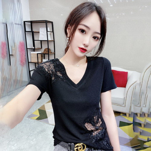 蕾丝V领烫钻短袖T恤女遮肚