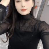 网纱拼接半高领烫钻打底衫 t恤ins上衣 性感微透内搭长袖 女春季 新款