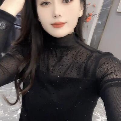 网纱拼接半高领烫钻长袖打底T恤